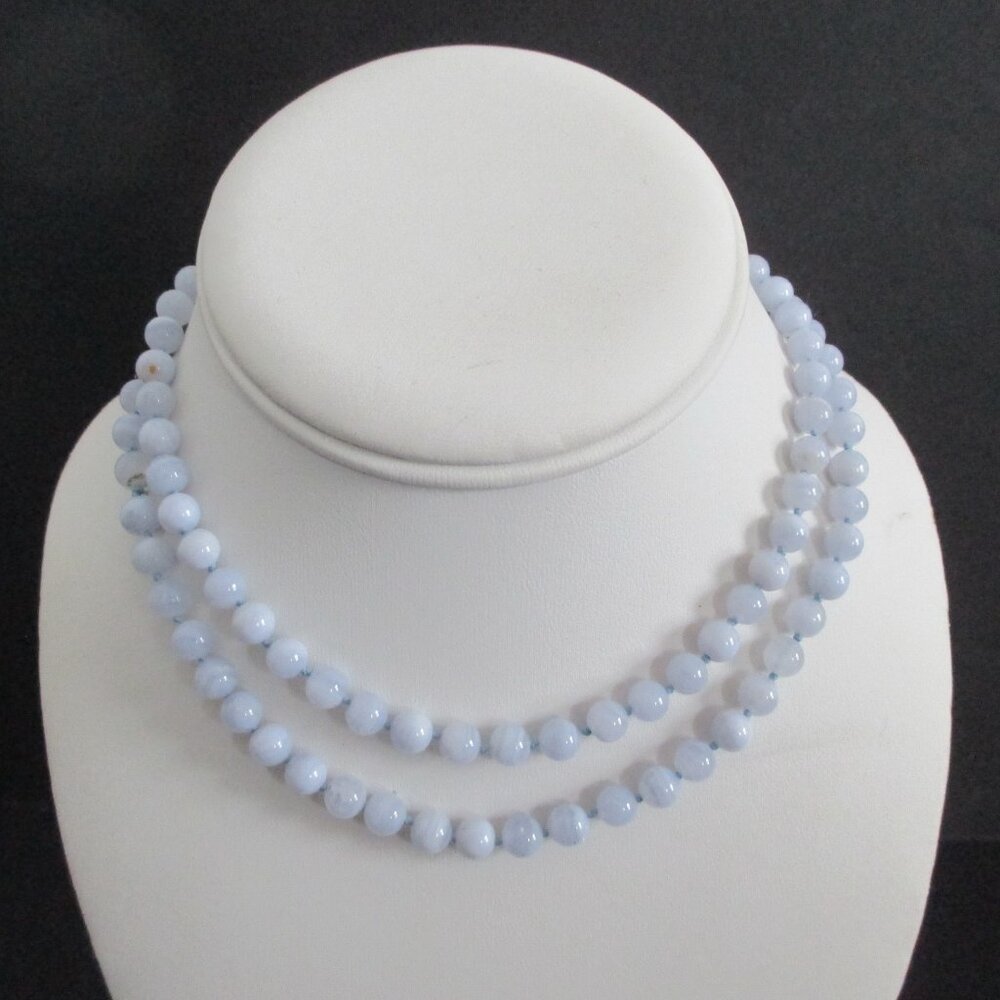 Blue Lace Agate 26" Necklace Hand Knotted Silver Clasp